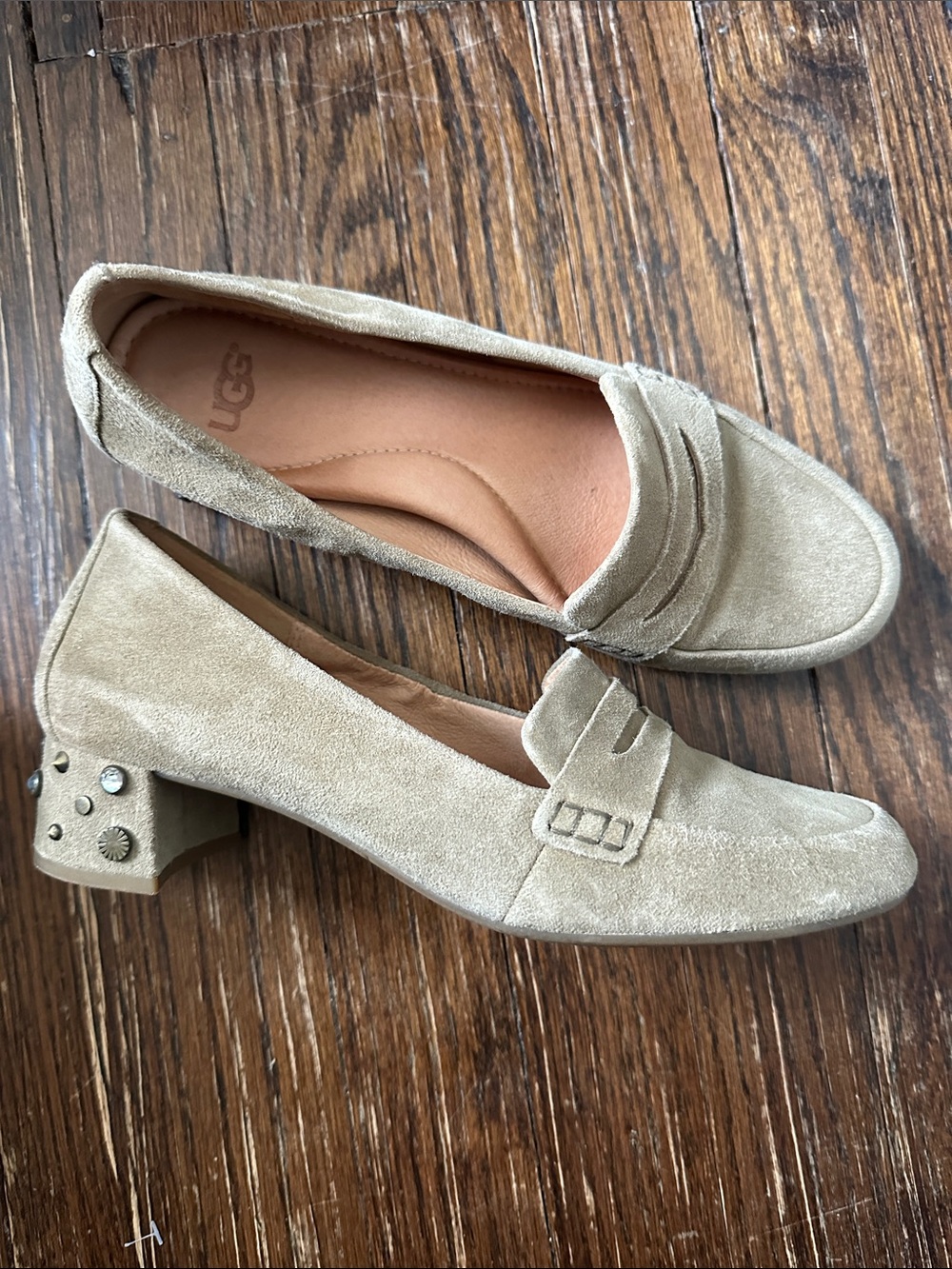 UGG Women's Tan Suede Studded Low Block Heel Loafers